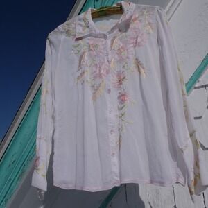 White pastel embroidered‎ Johnny Was rayon blouse